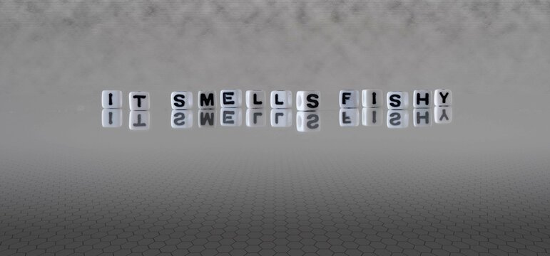 it smells fishy word or concept represented by black and white letter cubes on a grey horizon background stretching to infinity