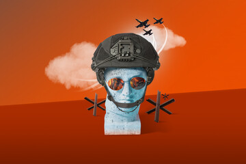 Gypsum bust in helmet and glasses over red backgorund