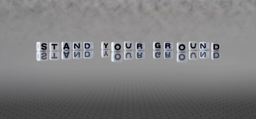 stand your ground word or concept represented by black and white letter cubes on a grey horizon...