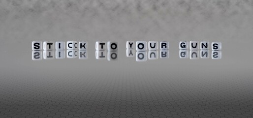 stick to your guns word or concept represented by black and white letter cubes on a grey horizon...
