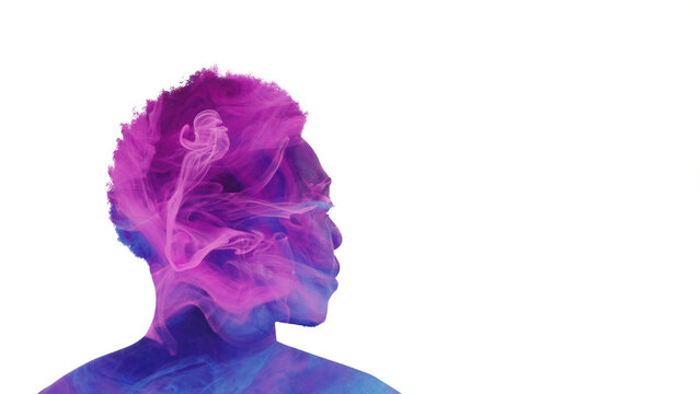 Aura Energy. Inner Harmony. Spiritual Contemplation. Double Exposure Profile Silhouette Of Man Face With Purple Blue Pink Color Smoke Isolated On White Copy Space.