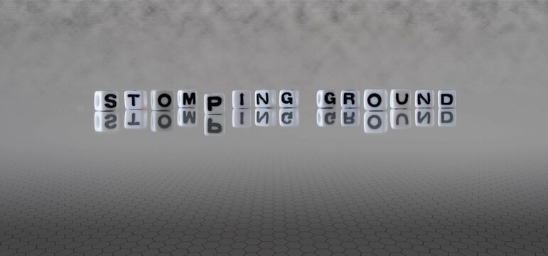 stomping ground word or concept represented by black and white letter cubes on a grey horizon background stretching to infinity