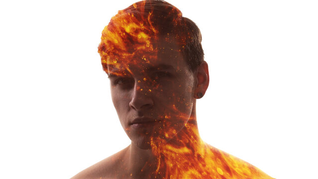 Man energy. Courage motivation. Passion determination. Double exposure silhouette of confident guy face with orange bokeh spark fire flames isolated on white copy space.