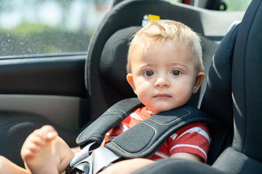 Cute toddler in car seat gazing at camera