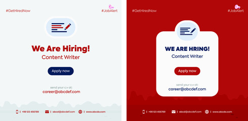 we are hiring. we are hiring content writer announcement post with pencil symbol. content writer job vacancy announcement post with two different background color. 