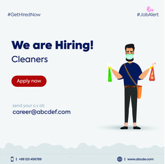 we are hiring cleaners. we are hiring cleaners complete facebook and instagram post. a janitor wearing mask and holding cleaning spray bottles. cleaning and disinfection company concept. recruitment.