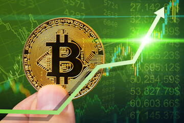 Crypto prices rise up positive. bitcoin cryptocurrency value new high bull market concept.