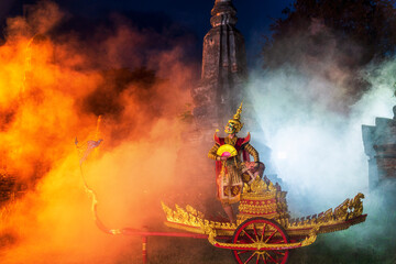 Giant holding a fan in hand. Ravana actor. Ramayana story. The battle of Rama, Prangsorn. Thailand...