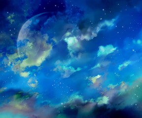 雲海がふわふわ漂う宇宙と大きな満月が輝く夜空の背景のイラスト