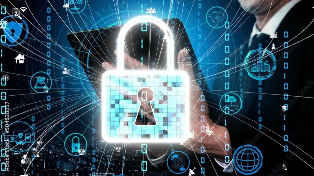 Poster cyber security encryption technology to protect data privacy conceptual . 3d render computer graphic