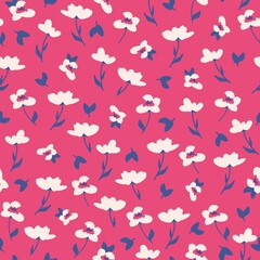 Simple vintage pattern. white flowers, blue leaves. Pink background. Fashionable print for textiles, wallpaper and packaging.