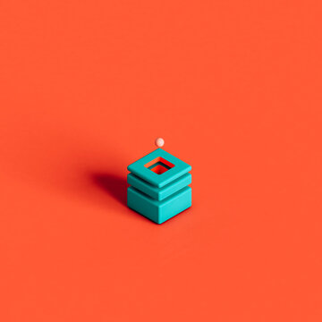 3d rendering of blue cube with hole and ball