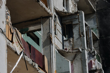Chernihiv Ukraine 2022: Close-up of items in a destroyed building after an air raid. Ruins during...