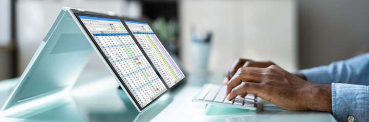 African American Analyst Using Spreadsheet
