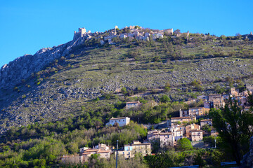 Fototapeta na wymiar Calascio and Rocca Calascio, mountaintop medieval town with the Castle of Rocca Calascio. Located within the Gran Sasso National Park in the province of L'Aquila, Abruzzo – Italy