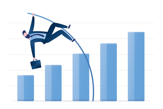 Confident businessman jumping pole vault over growth bar graph. Business growth, improvement or high percentage increase of earning and profit. Making money. Financial achievement.