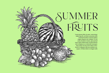 summer fruit illustration design with engrave style line art