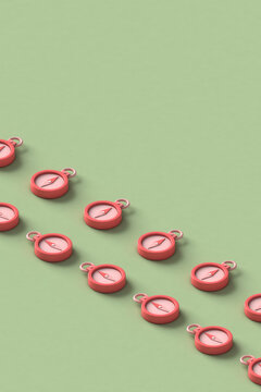 rows of pink compasses. 3d render with copy space