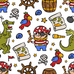 PIRATE WITH PISTOL Smiling Corsair Dino Parrot And Treasure Map Marine Cartoon Hand Drawn Seamless Pattern Vector Illustration On White With Travel Attributes