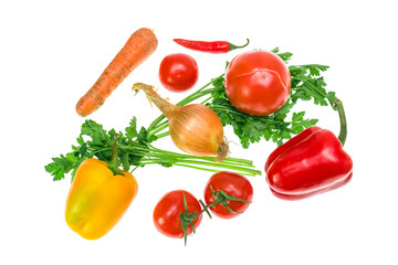 Set of fresh vegetables and herbs on white background