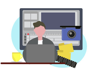 動画編集する男性 ビデオクリエイター パソコン 人物 ベクターイラスト