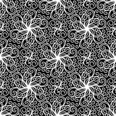 BLACK AND WHITE SEAMLESS VECTOR BACKGROUND WITH SPIRAL CURLS