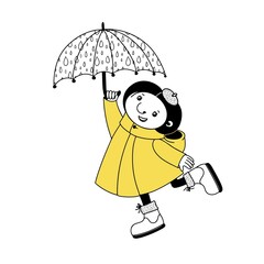 cute girl dancing with umbrella, vector clipart, autumn illustration good for card, print and sticker design