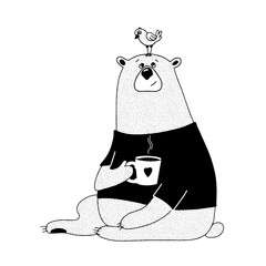 bear with cup of hot drink, vector clipart, good morning illustration good for card and print design