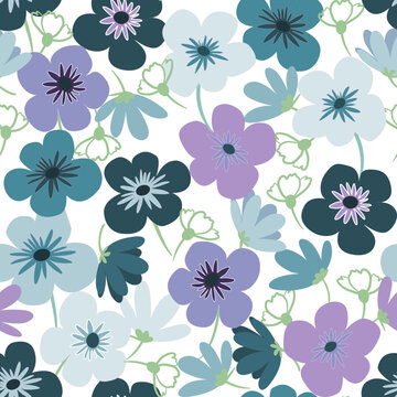 Purple blue daisy petal spring flower blossom vector seamless pattern, abstract flora illustration drawing on white background for fashion fabric textiles printing, wallpaper and paper wrapping 