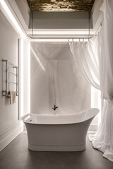 Illuminated interior in modern style with freestanding bathtub