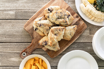 Breakfast of scones and fruit