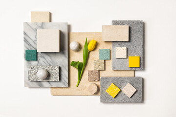 Discarded natural interior material - stone and wood mood board