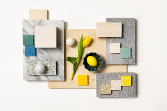 Discarded natural interior material - stone and wood mood board