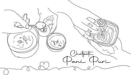 Pani Puri Logo, Indian Food Sketch illustration, Indian Street Food vector, Outline sketch drawing hand holding Pani Puri - obrazy, fototapety, plakaty