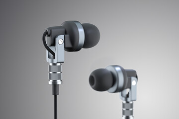 concept electronic product design of in ear headphones for musicians in beautiful clean plastic and leather black material with dramatic lighting in bright studio - realistic 3d render