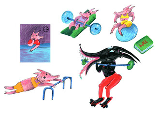 Naklejka premium Hand-drawn fitness animals. Cartoon fitness illustration. Three little pigs and a wolf. Sports humor. Gym comic. Gouache art. Сute animals. Gym training. Funny art. Pink piglets. Funny wolf