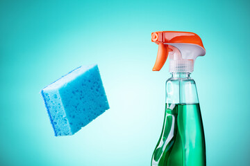 Cleaning Spray Bottle With Sponge. Cleaning and Hygiene Concept.