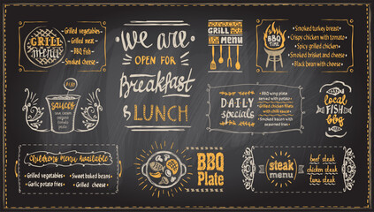 Barbecue menu chalkboard template, menu board with BBQ symbols and dishes lettering, chalk grill menu - obrazy, fototapety, plakaty