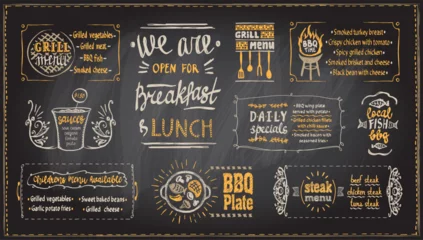 Fotobehang Barbecue menu chalkboard template, menu board with BBQ symbols and dishes lettering, chalk grill menu © LP Design