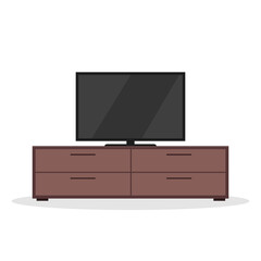 TV on the stand isolated on white. Modern wooden shelf with flat television. Vector illustration 
