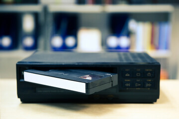Video cassette tape VHS with video playback old retro style stack concept of vintage electric and...