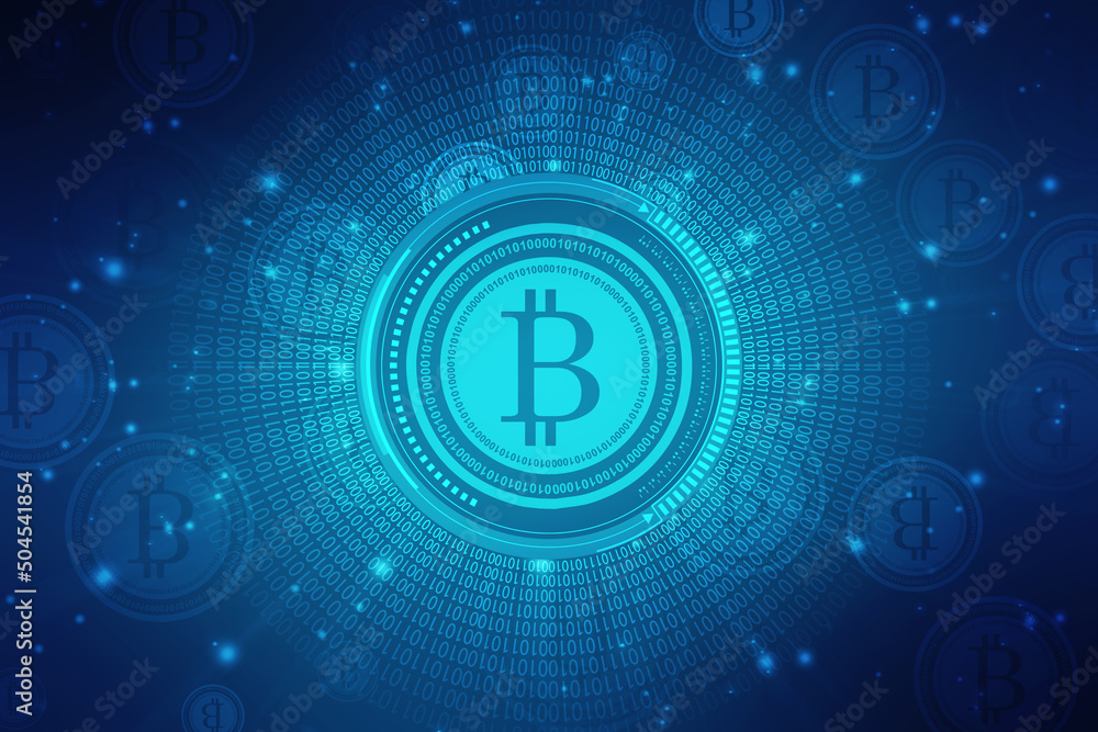Poster global abstract bitcoin crypto currency blockchain technology world map background illustration