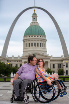 Wheelchair couple at Saint Louis Arch