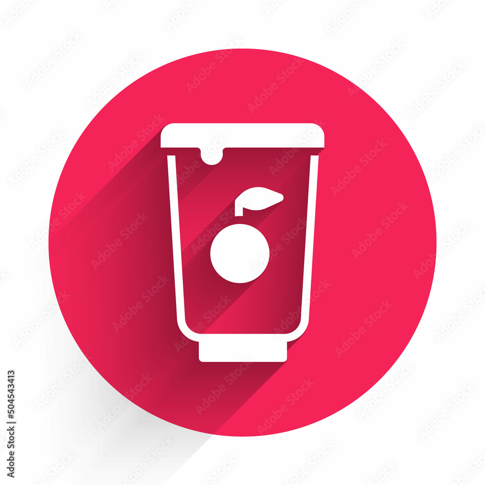 Poster white yogurt container icon isolated with long shadow. yogurt in plastic cup. red circle button. vec