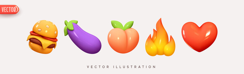 Set Icon Emoji, food burger, lilac eggplant, pink peach, yellow fire. Red heart. Realistic Glossy 3d Emotions. Pack 4. Vector illustration © lauritta