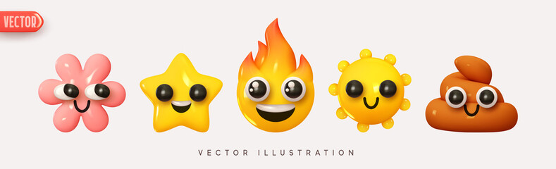 Set Icon Smile Emoji. Realistic Yellow Glossy 3d Emotions face Joyful poop, smile sun, lucky flower, fire, star. Pack 3. Vector illustration - obrazy, fototapety, plakaty