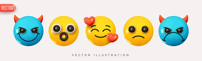 Set Icon Smile Emoji. Realistic Yellow Glossy 3d Emotions face Happy in love, evil and joyful devil, surprise. Pack 7. Vector illustration - obrazy, fototapety, plakaty
