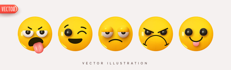 Set Icon Smile Emoji. Realistic Yellow Glossy 3d Emotions face happy tongue out, satisfied, dissatisfied, angry, winks. Pack 9. Vector illustration