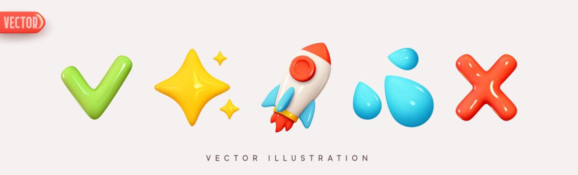 Set Icon Emoji, green tick, yellow stars, space rocket, blue water drops, red cross and x. Realistic Glossy 3d Emotions. Pack 5. Vector illustration