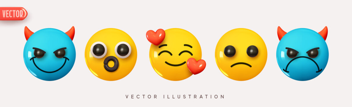 Set Icon Smile Emoji. Realistic Yellow Glossy 3d Emotions face Happy in love, evil and joyful devil, surprise. Pack 7. Vector illustration